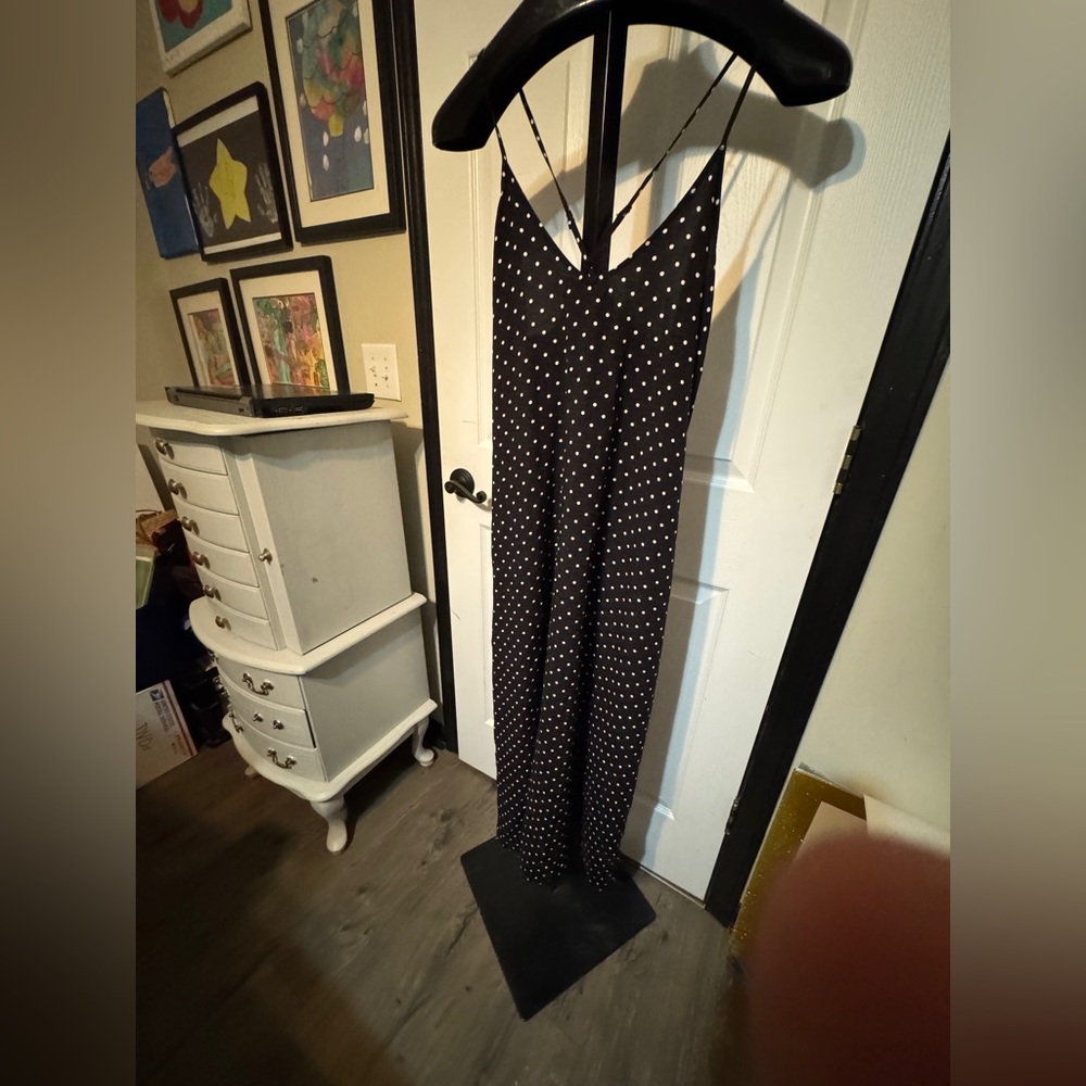 Polk-a-dot maxi dress.  Spaghetti straps that criss-cross in back.